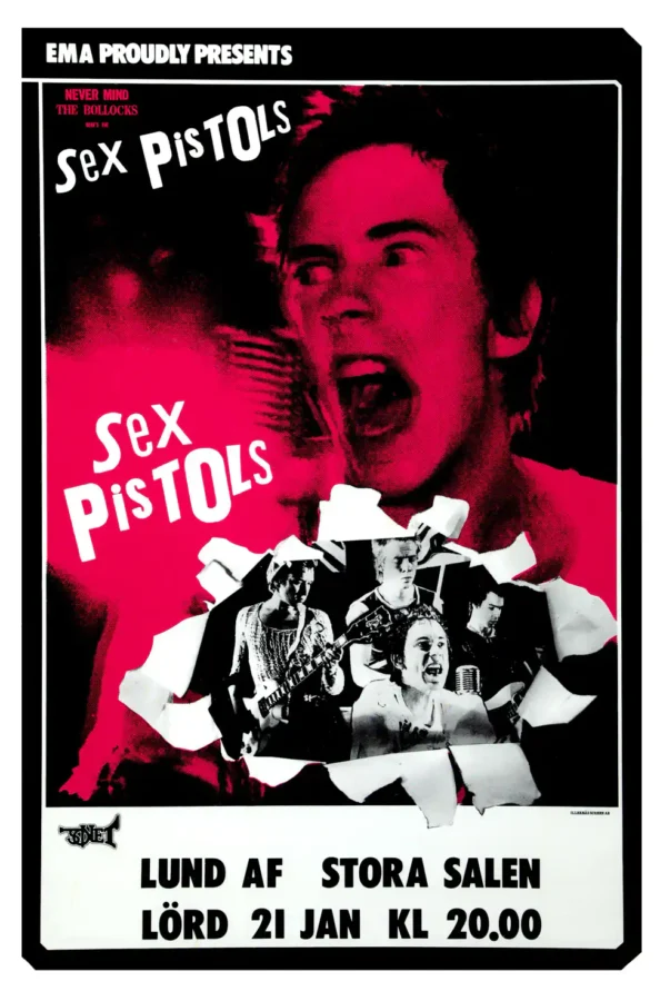 Sex Pistols 1978 Stockholm, Sweden Concert Poster featuring white, black, and charcoal vertical artwork.