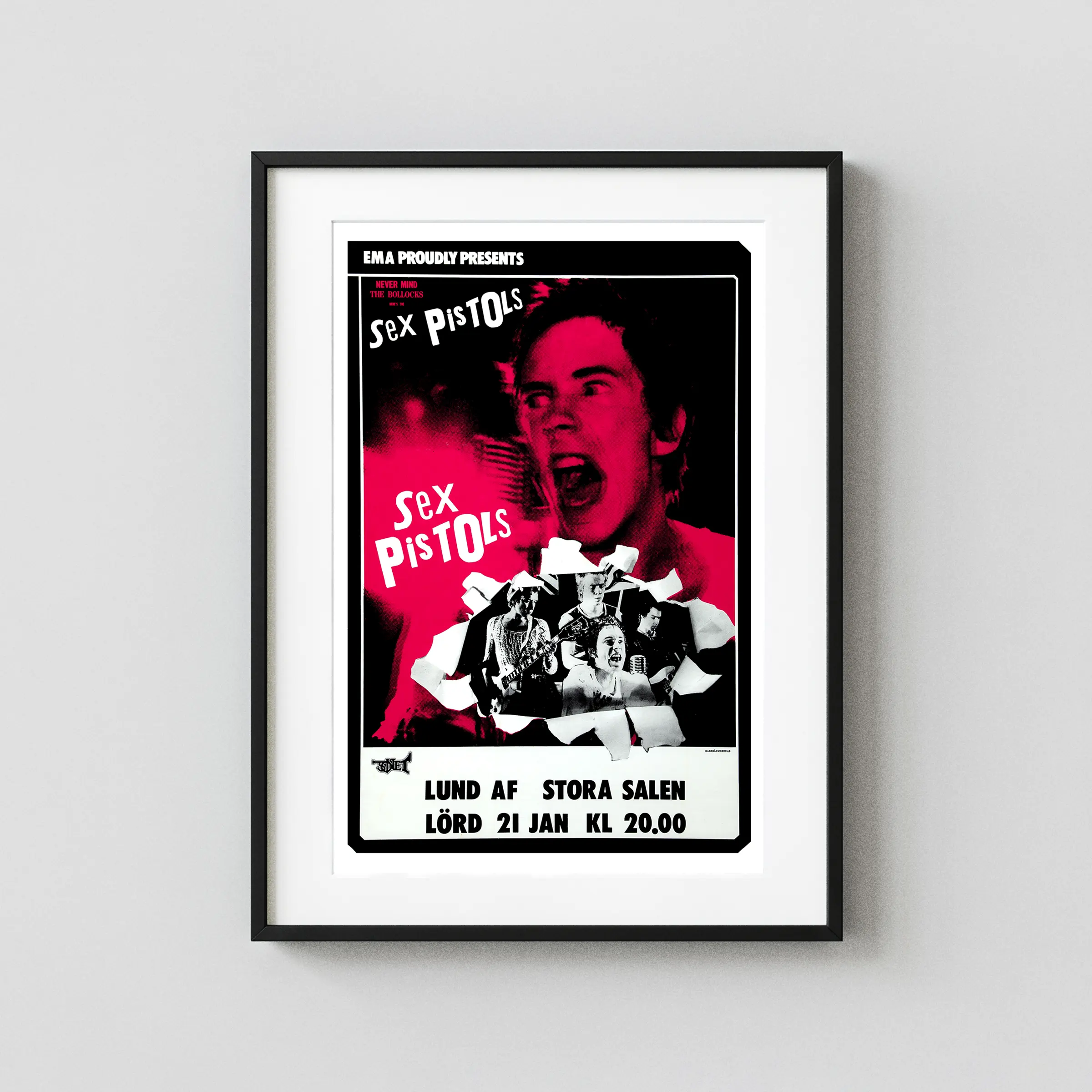 Sex Pistols 1978 Stockholm, Sweden Concert Poster featuring white, black, and charcoal vertical artwork.