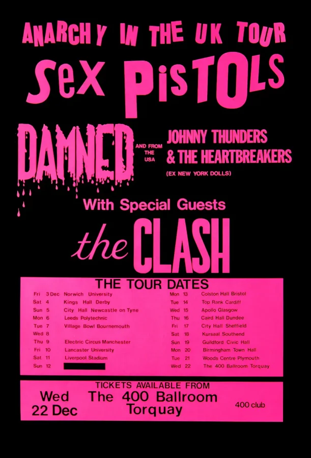 Sex Pistols, the Clash, Damned, Johnny Thunders poster with black and magenta artwork and period lettering.
