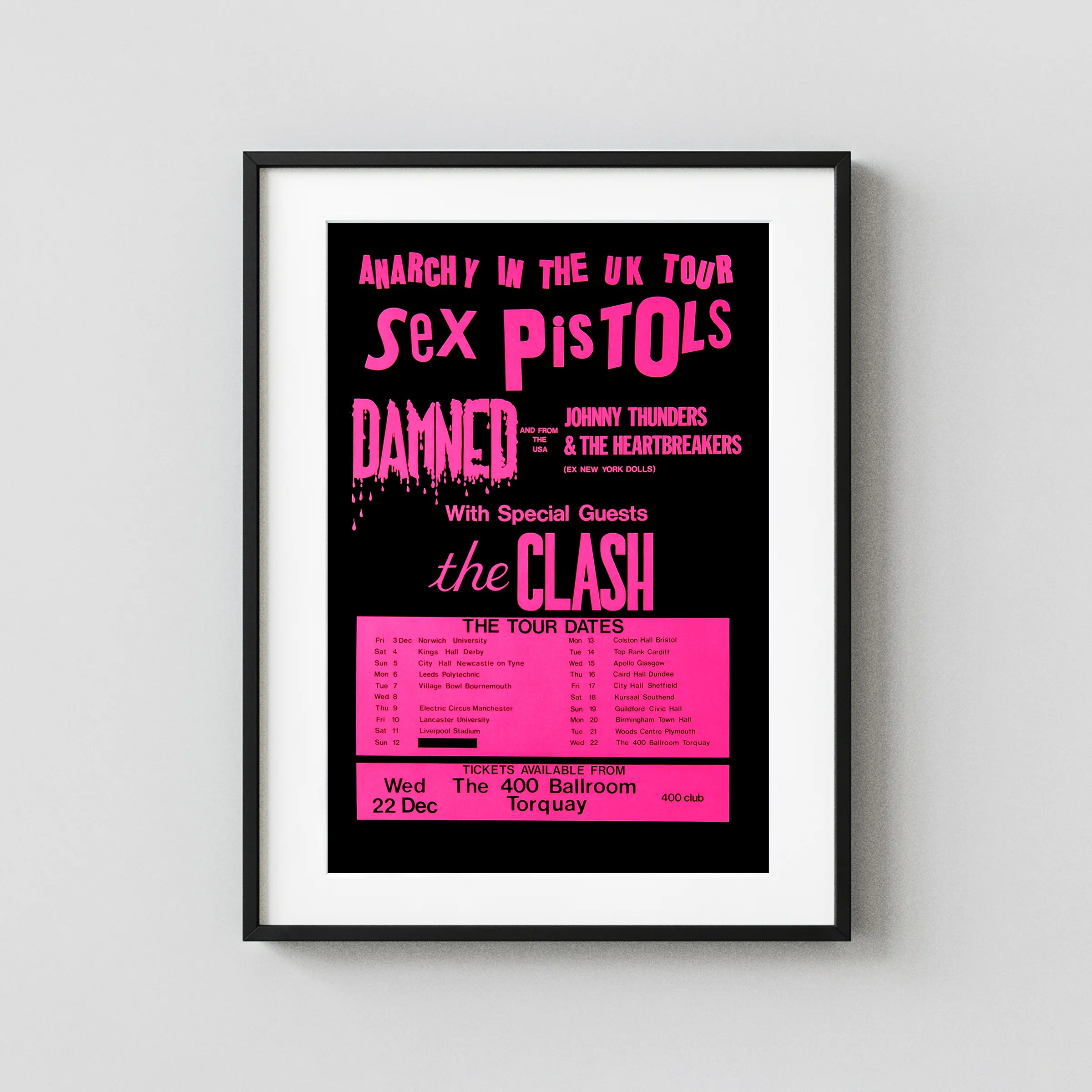 Sex Pistols, the Clash, Damned, Johnny Thunders poster with black and magenta artwork and period lettering.
