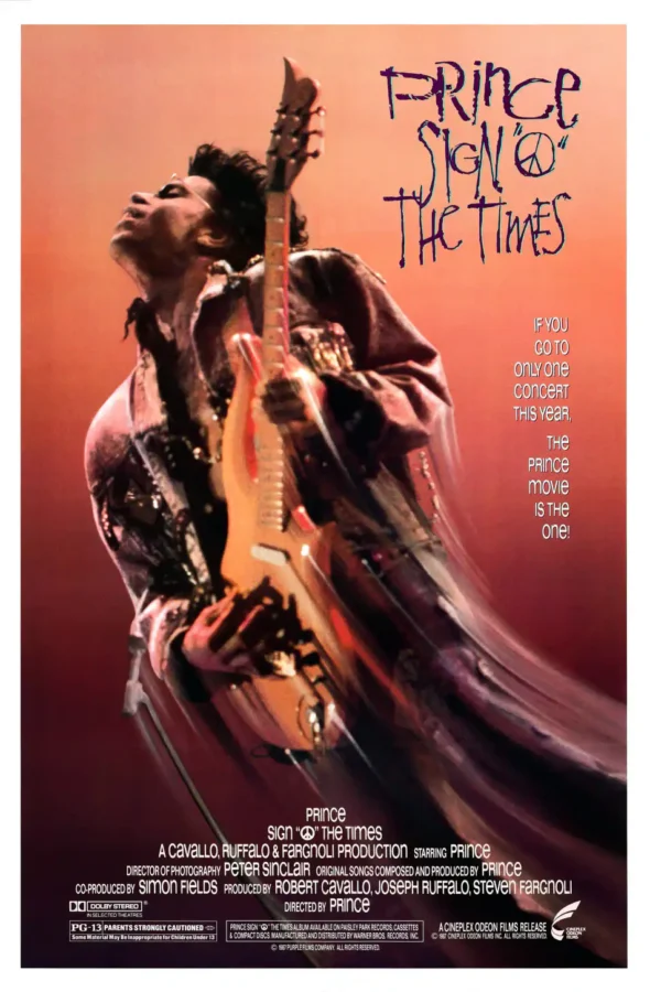 Sign 'O' the Times (Cineplex-Odeon, 1987) Music Poster featuring white, charcoal, and orange vertical artwork.