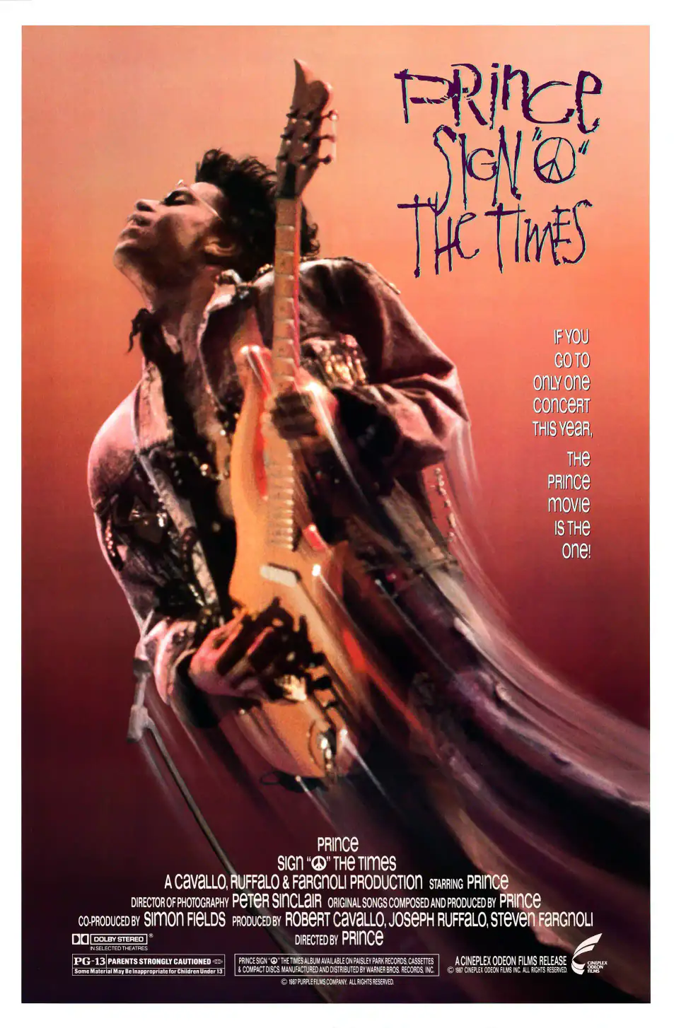 Sign 'O' the Times (Cineplex-Odeon, 1987) Music Poster featuring white, charcoal, and orange vertical artwork.