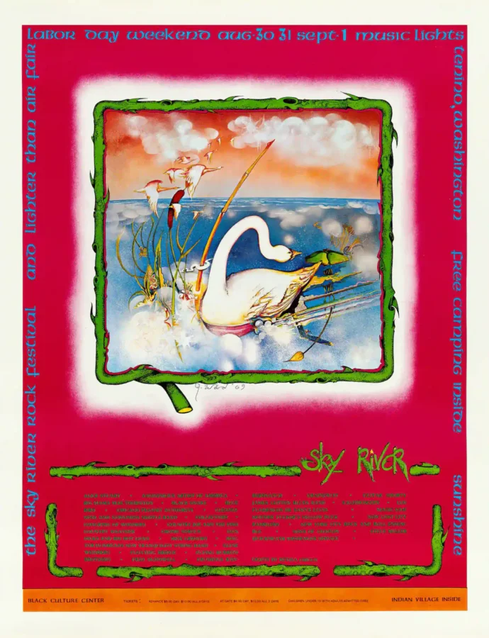Sky River Festival 1969 Concert Poster featuring magenta, white, and orange vertical artwork.