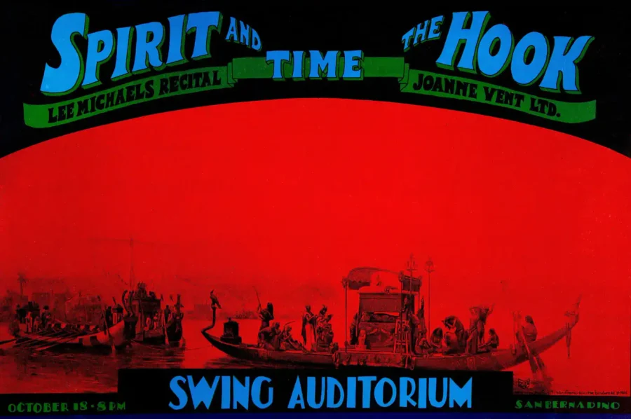 Spirit, Lee Michaels 1969 San Bernardino, CA Concert Poster featuring red, white, and black vertical artwork.