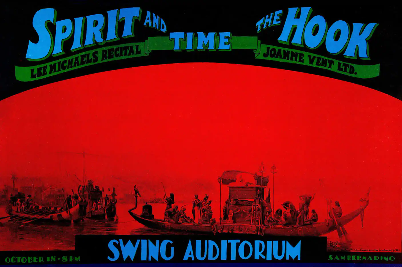 Spirit, Lee Michaels 1969 San Bernardino, CA Concert Poster featuring red, white, and black vertical artwork.