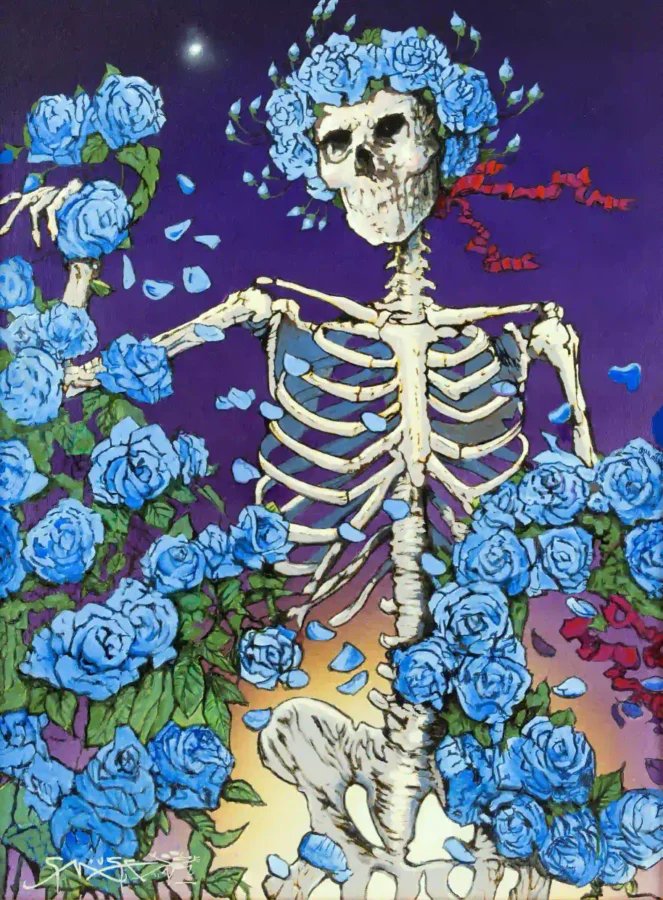 Stanley Mouse "Blue Dawn" Skeleton & Roses Variant Music Poster featuring purple, white, and blue vertical artwork.
