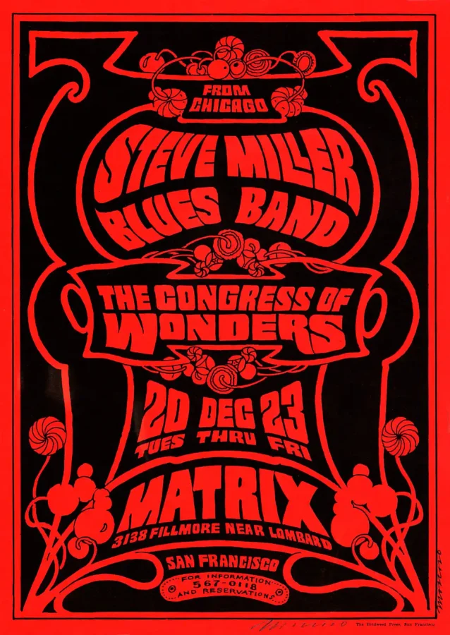Steve Miller 1966 Neon Rose Matrix San Francisco Poster featuring black, red, and burgundy vertical artwork.