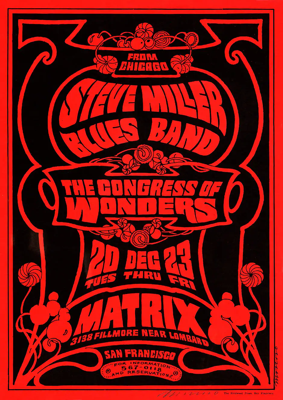 Steve Miller 1966 Neon Rose Matrix San Francisco Poster featuring black, red, and burgundy vertical artwork.