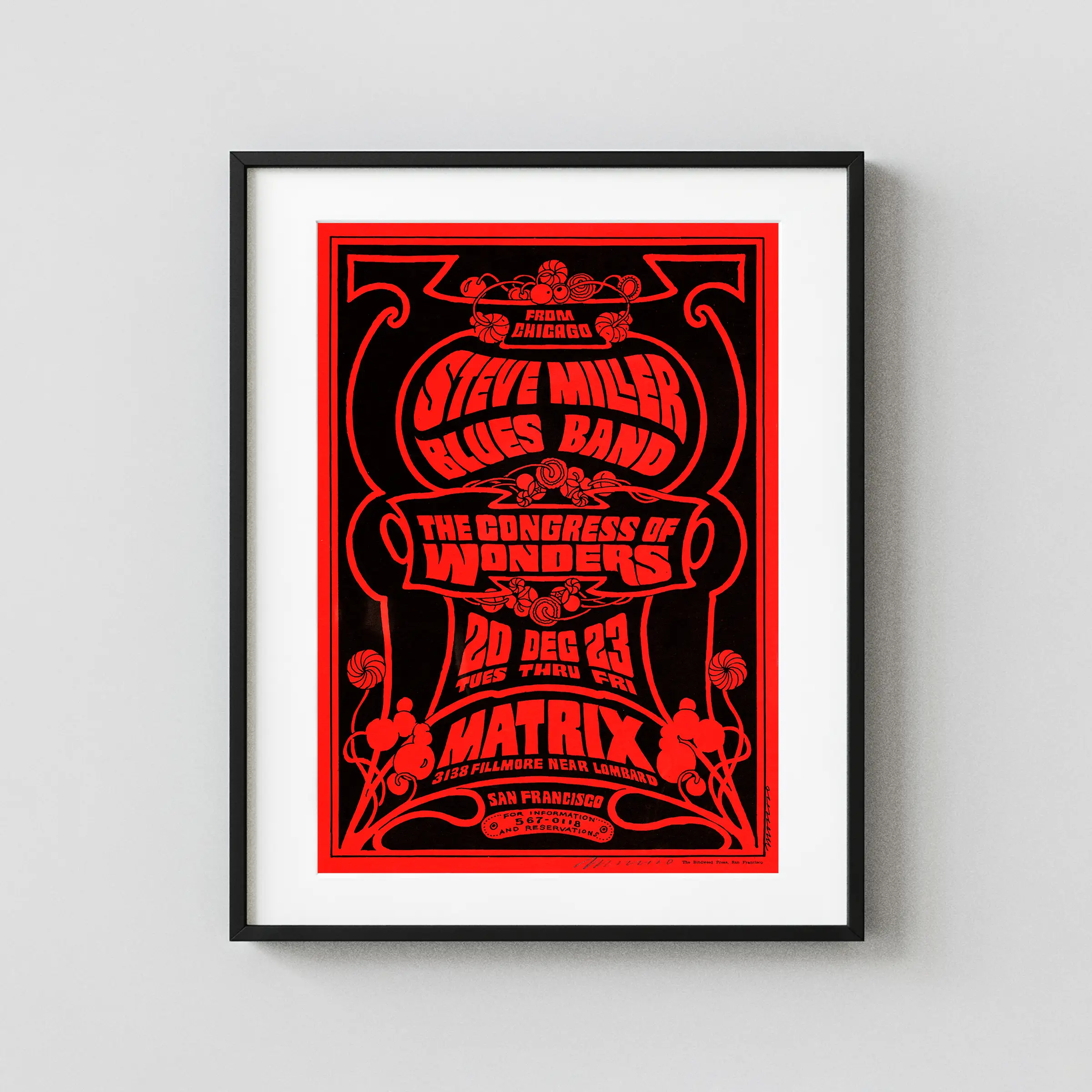Steve Miller 1966 Neon Rose Matrix San Francisco Poster featuring black, red, and burgundy vertical artwork.
