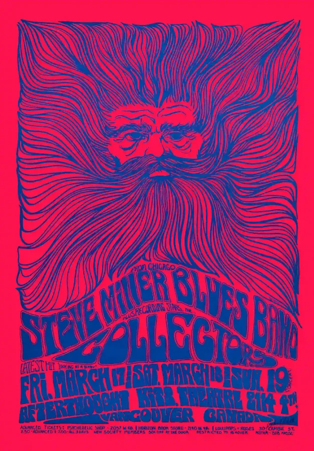 Steve Miller Band 1967 Poster featuring magenta, red, and purple vertical artwork.