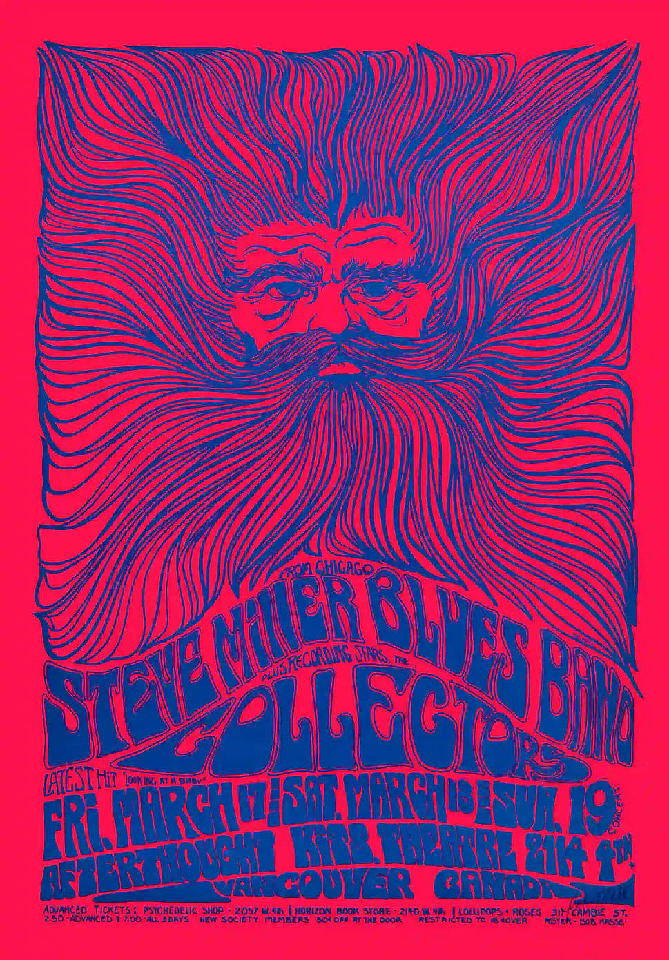Steve Miller Band 1967 Poster featuring magenta, red, and purple vertical artwork.