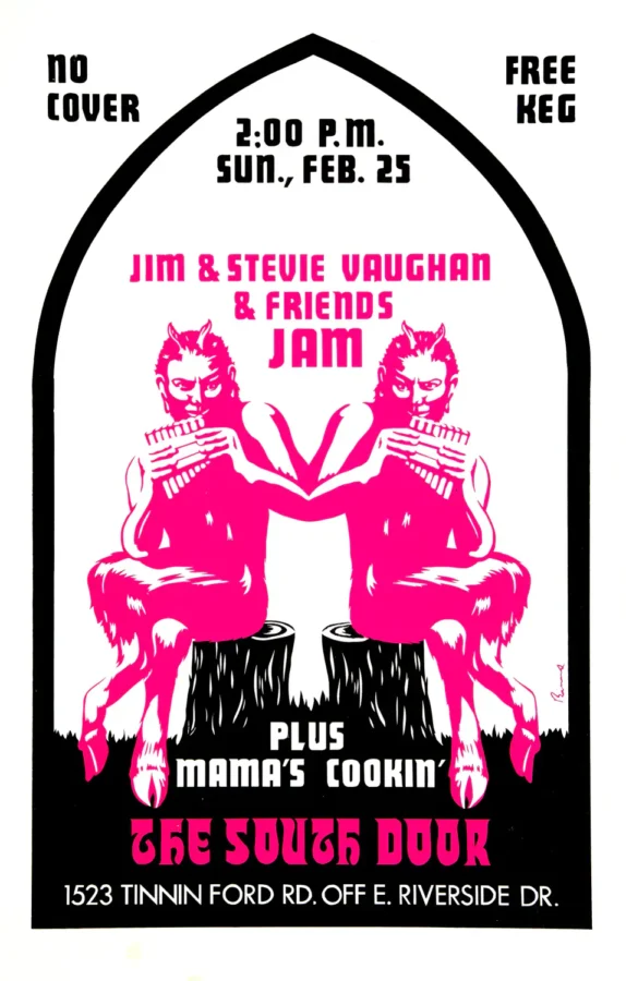Stevie Ray Vaughan 1973 Austin, TX Afternoon Kegger Concert Poster featuring white, black, and magenta vertical artwork.