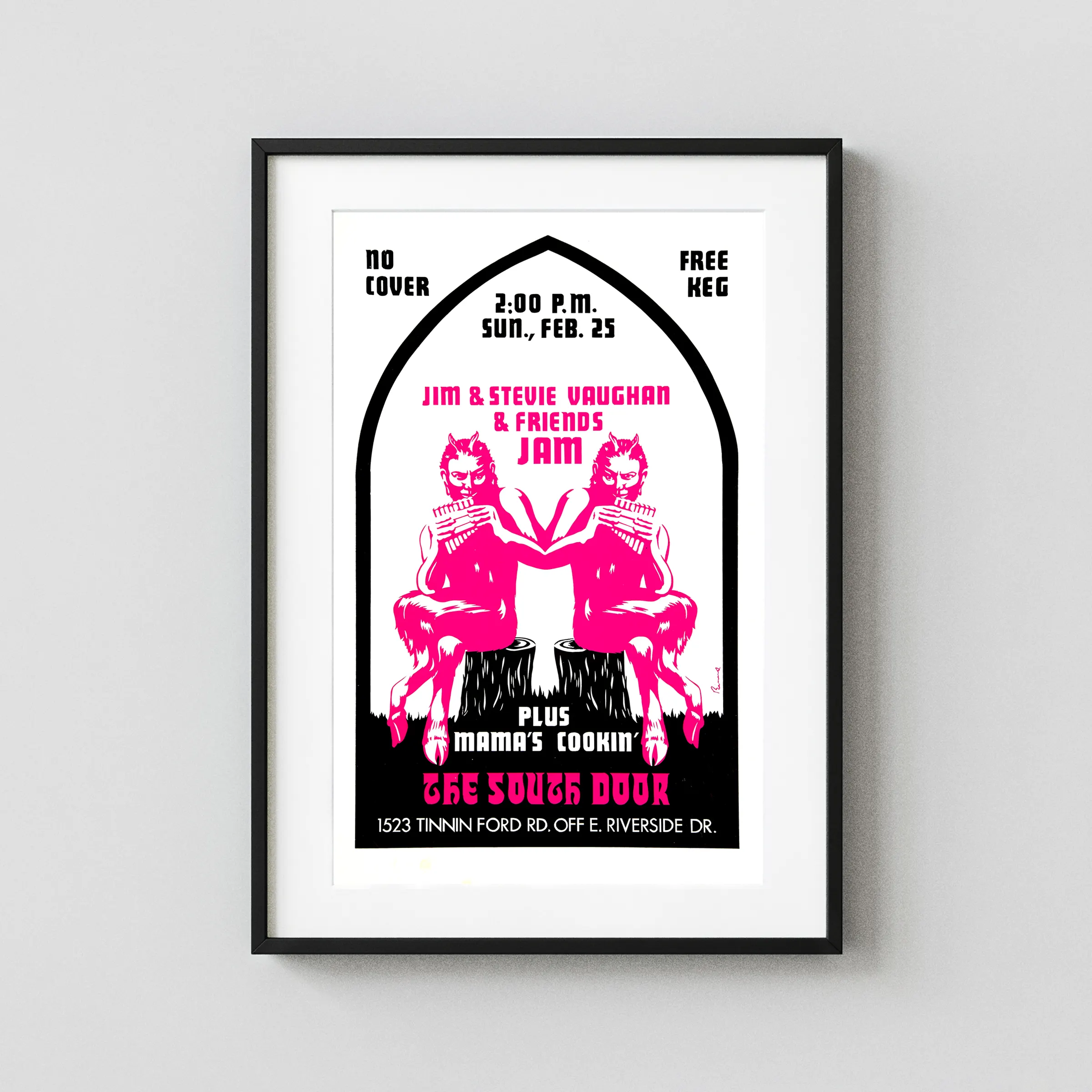 Stevie Ray Vaughan 1973 Austin, TX Afternoon Kegger Concert Poster featuring white, black, and magenta vertical artwork.