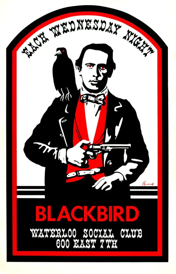 Stevie Ray Vaughan, Blackbird poster with white, black, and slate gray artwork and period lettering.