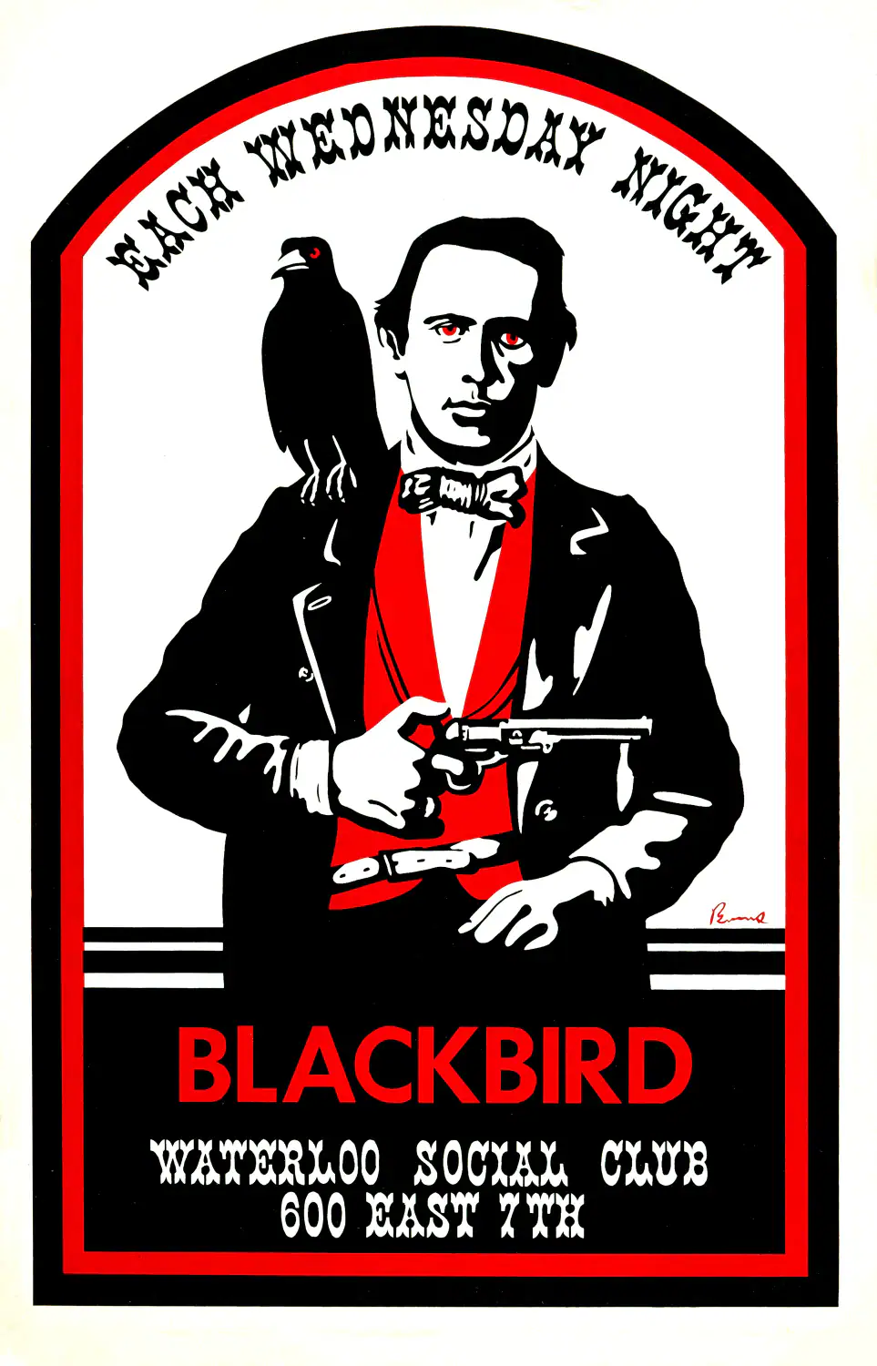Stevie Ray Vaughan, Blackbird poster with white, black, and slate gray artwork and period lettering.
