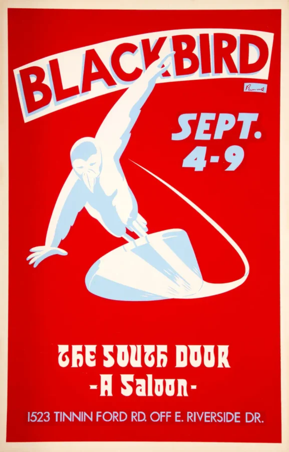 Stevie Ray Vaughan, Blackbird 1972 "Silver Surfer" Austin, TX Concert Poster featuring red and cream vertical artwork.