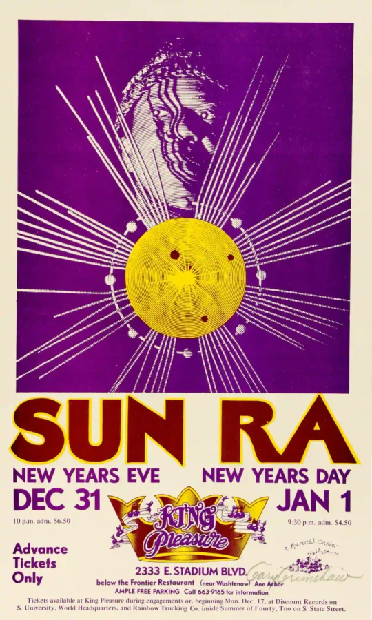 Sun Ra 1973, 74 Ann Arbor, MI Concert Poster featuring magenta, rose, and red vertical artwork.