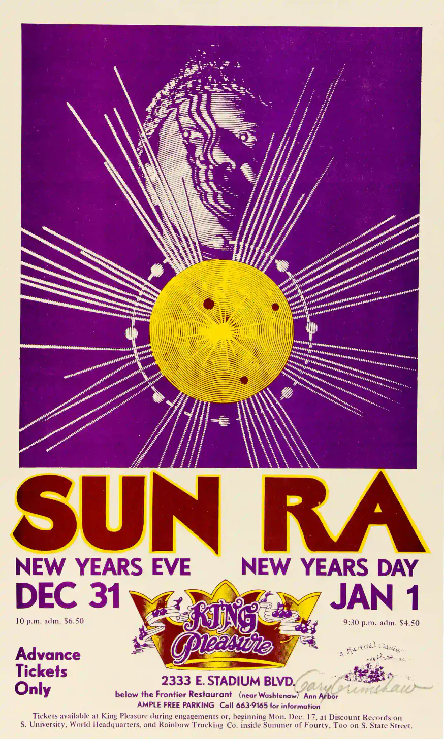 Sun Ra 1973, 74 Ann Arbor, MI Concert Poster featuring magenta, rose, and red vertical artwork.