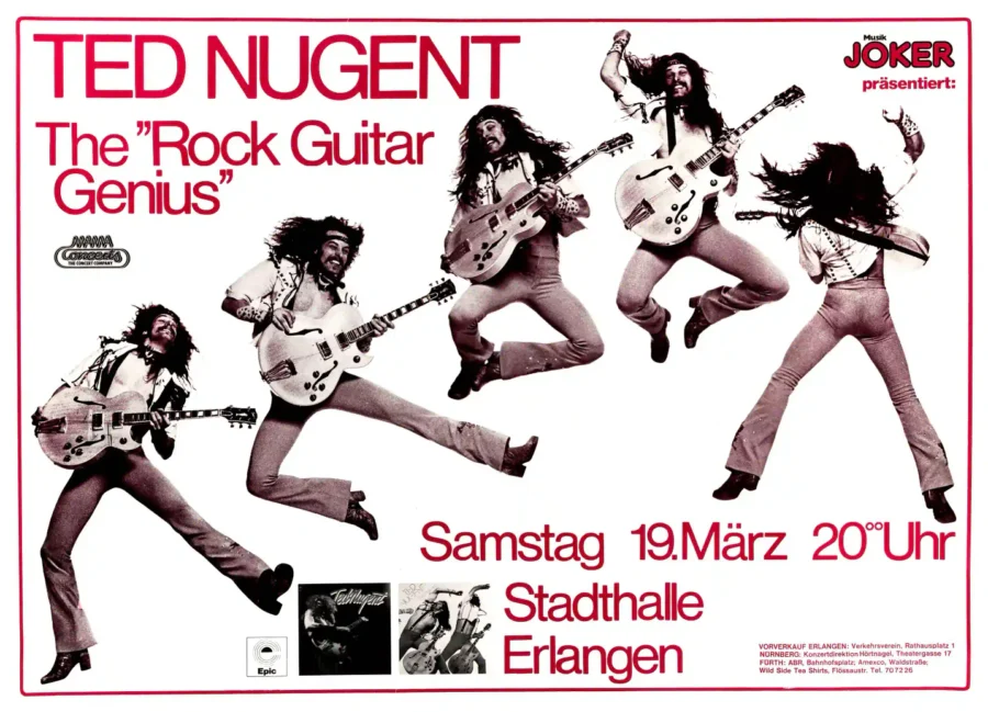 Ted Nugent poster with white, light gray, and charcoal artwork and period lettering.