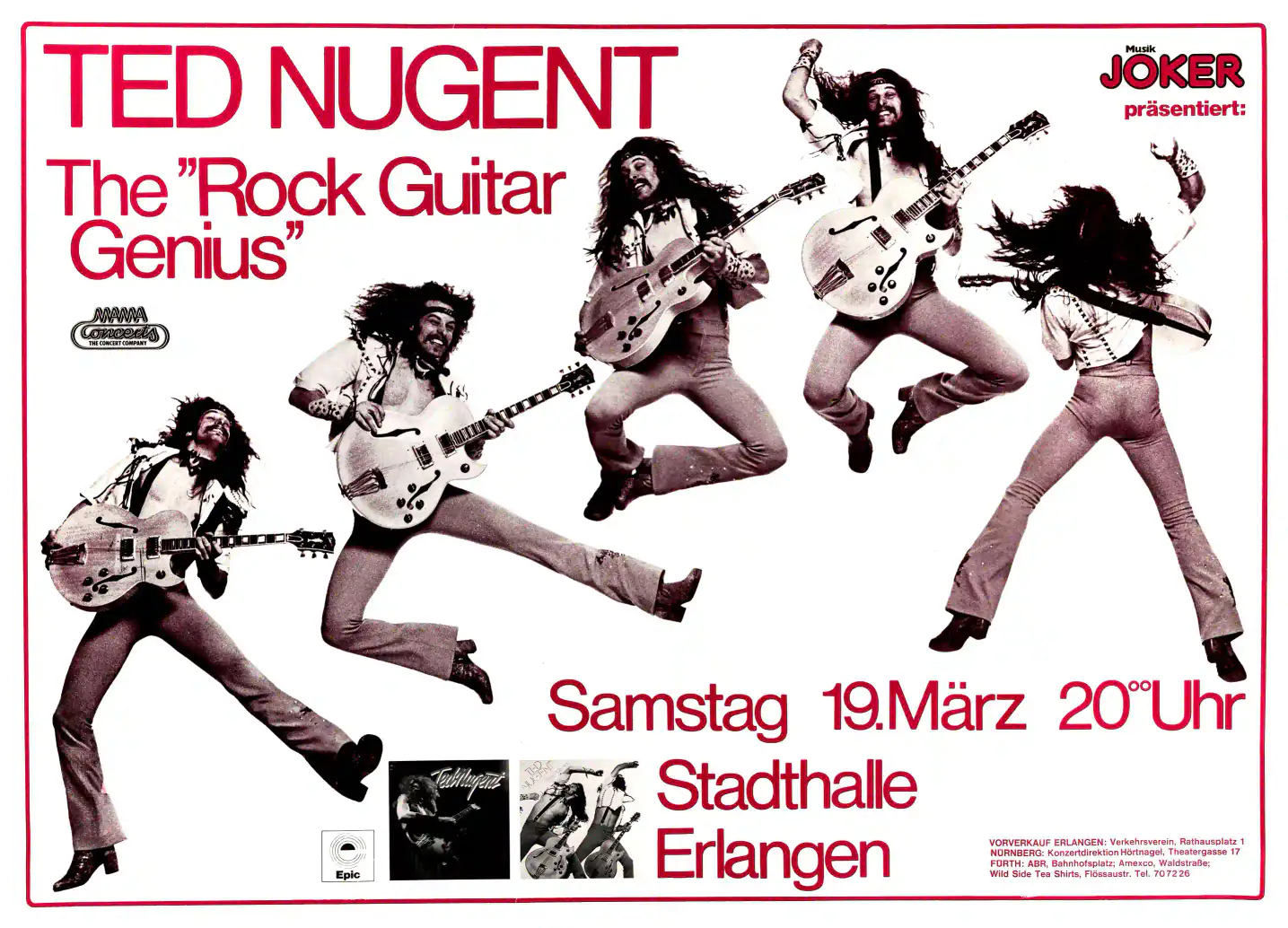 Ted Nugent poster with white, light gray, and charcoal artwork and period lettering.