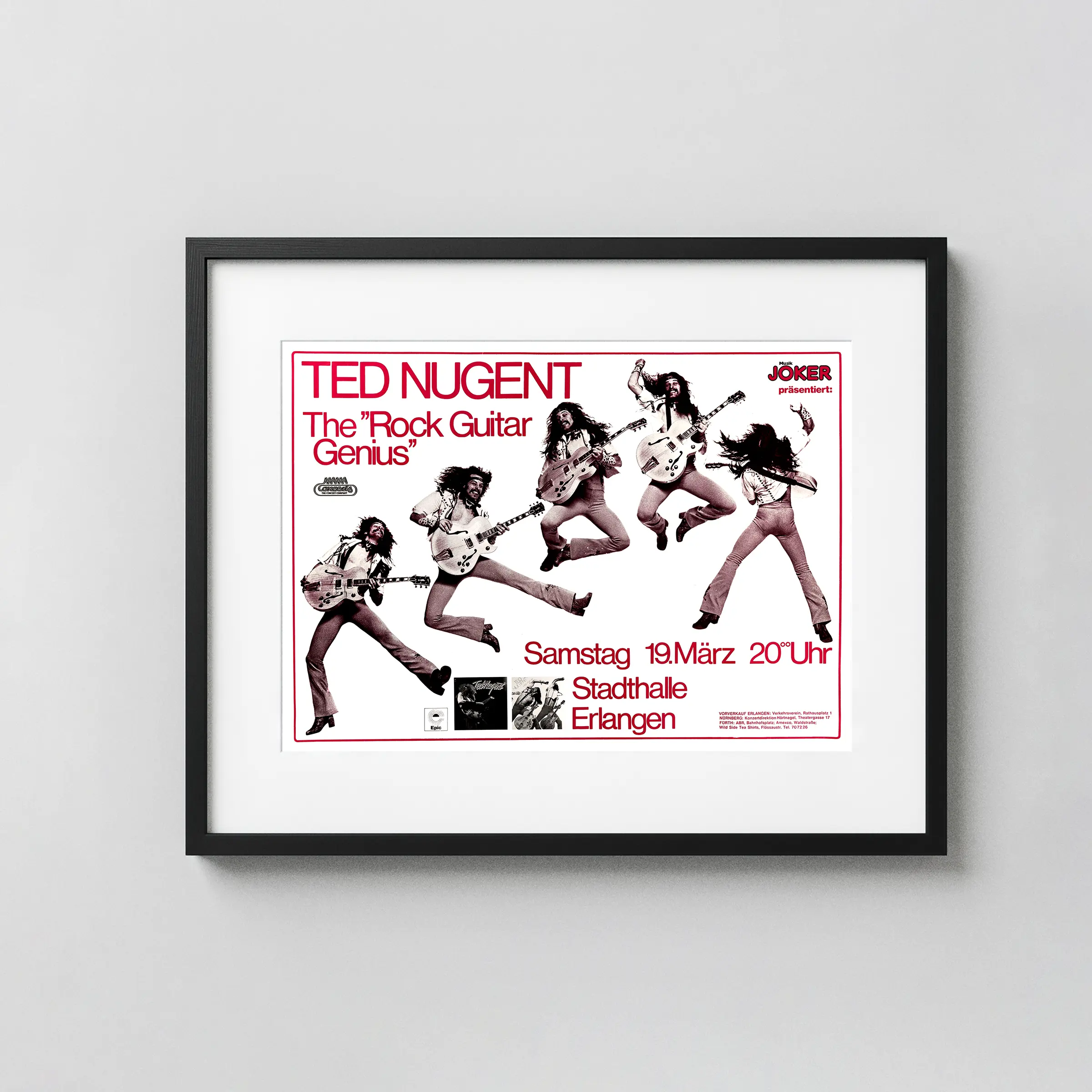 Ted Nugent poster with white, light gray, and charcoal artwork and period lettering.
