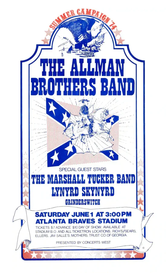 The Allman Brothers Band, Lynyrd Skynyrd 1974 Music Poster featuring white and blue vertical artwork.