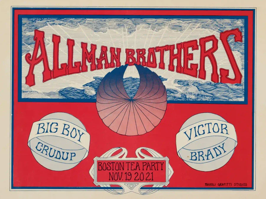 The Allman Brothers Band poster with white, light gray, and red artwork and period lettering.