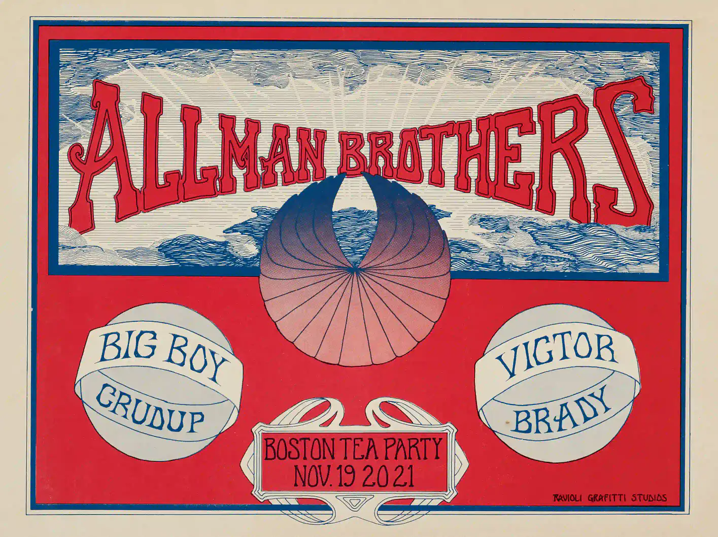 The Allman Brothers Band poster with white, light gray, and red artwork and period lettering.