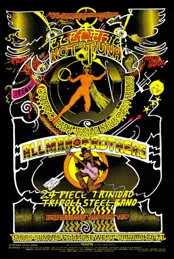The Allman Brothers Band with Duane 1971 Fillmore West Poster featuring black, charcoal, and white vertical artwork.