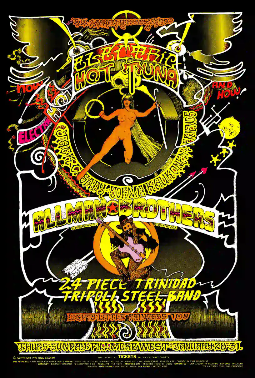The Allman Brothers Band with Duane 1971 Fillmore West Poster featuring black, charcoal, and white vertical artwork.