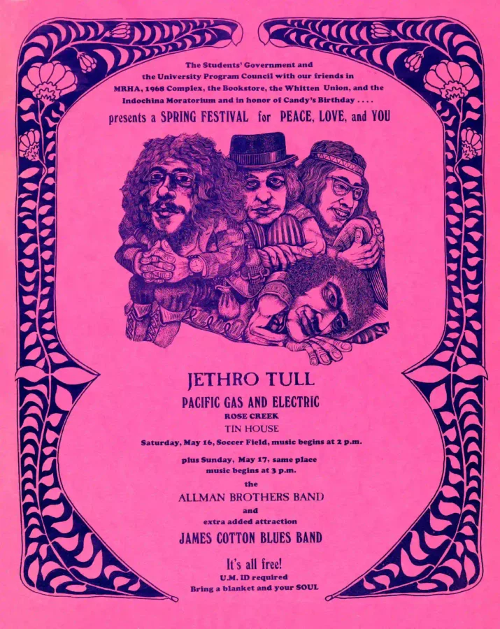 The Allman Brothers Band with Duane, Jethro Tull poster with pink, purple, and magenta artwork and period lettering.