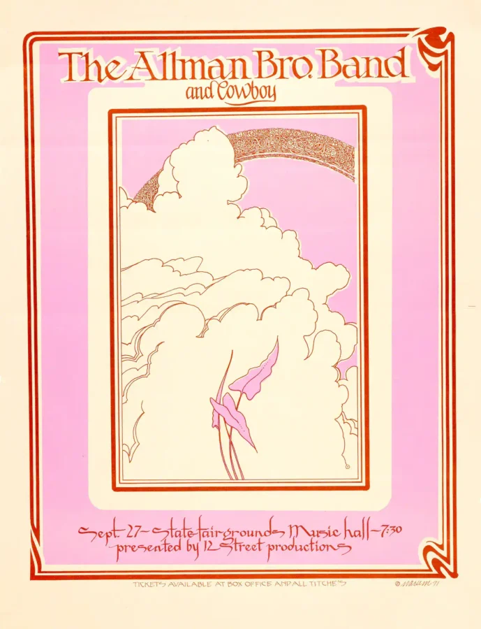 The Allman Brothers Band 1971 Dallas, Texas Concert Poster featuring cream, orange, and rose vertical artwork.