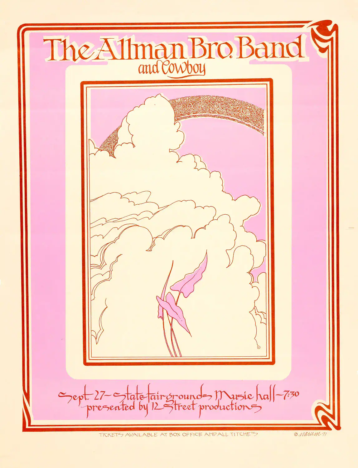 The Allman Brothers Band 1971 Dallas, Texas Concert Poster featuring cream, orange, and rose vertical artwork.