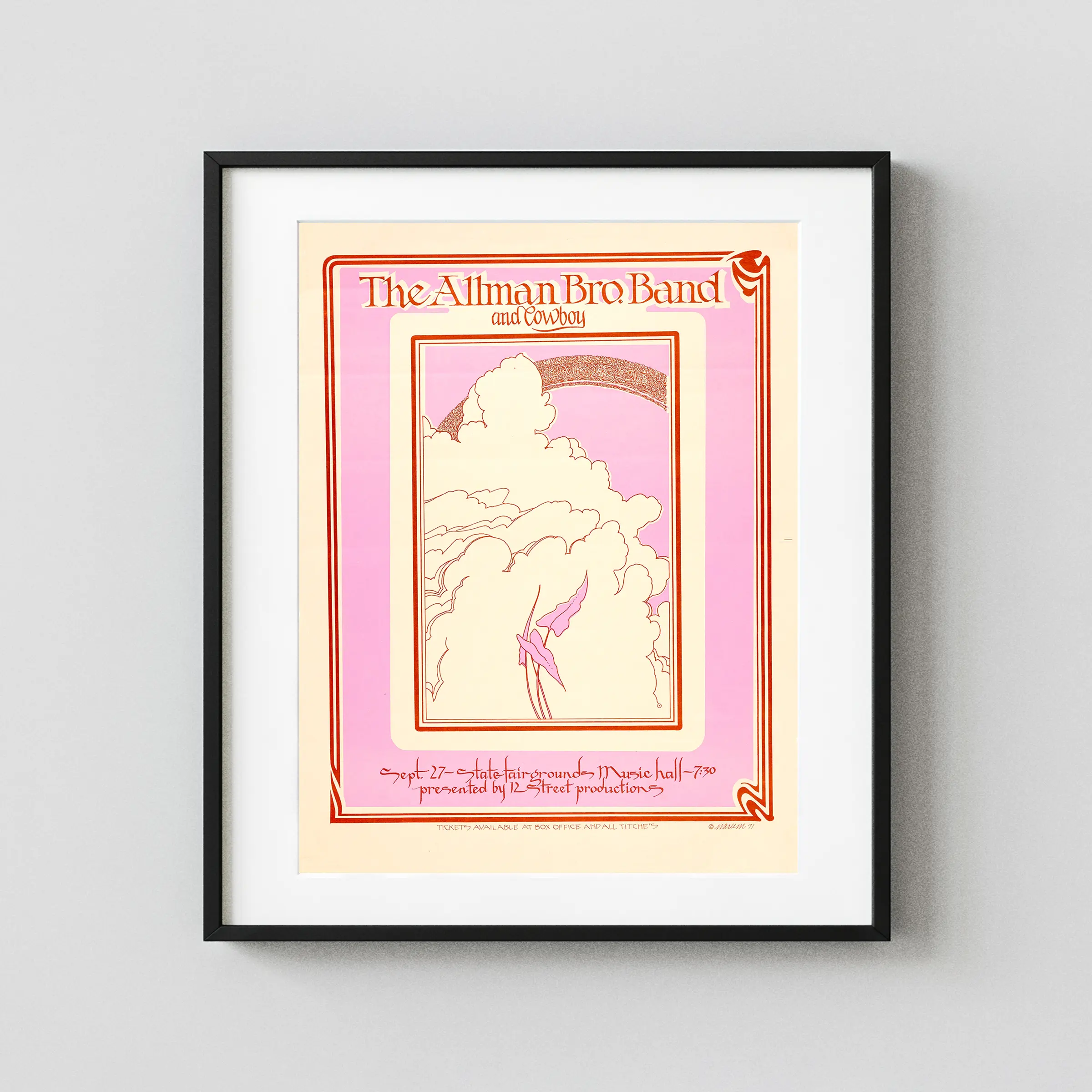 The Allman Brothers Band 1971 Dallas, Texas Concert Poster featuring cream, orange, and rose vertical artwork.