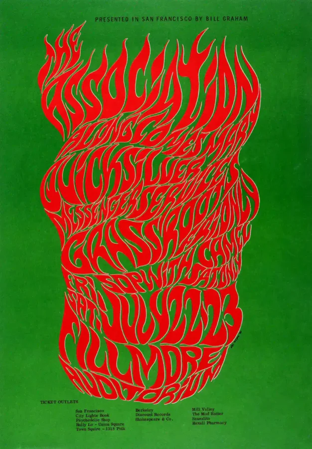 The Association 1966 Fillmore Auditorium Concert Poster featuring deep green, orange, and red vertical artwork.