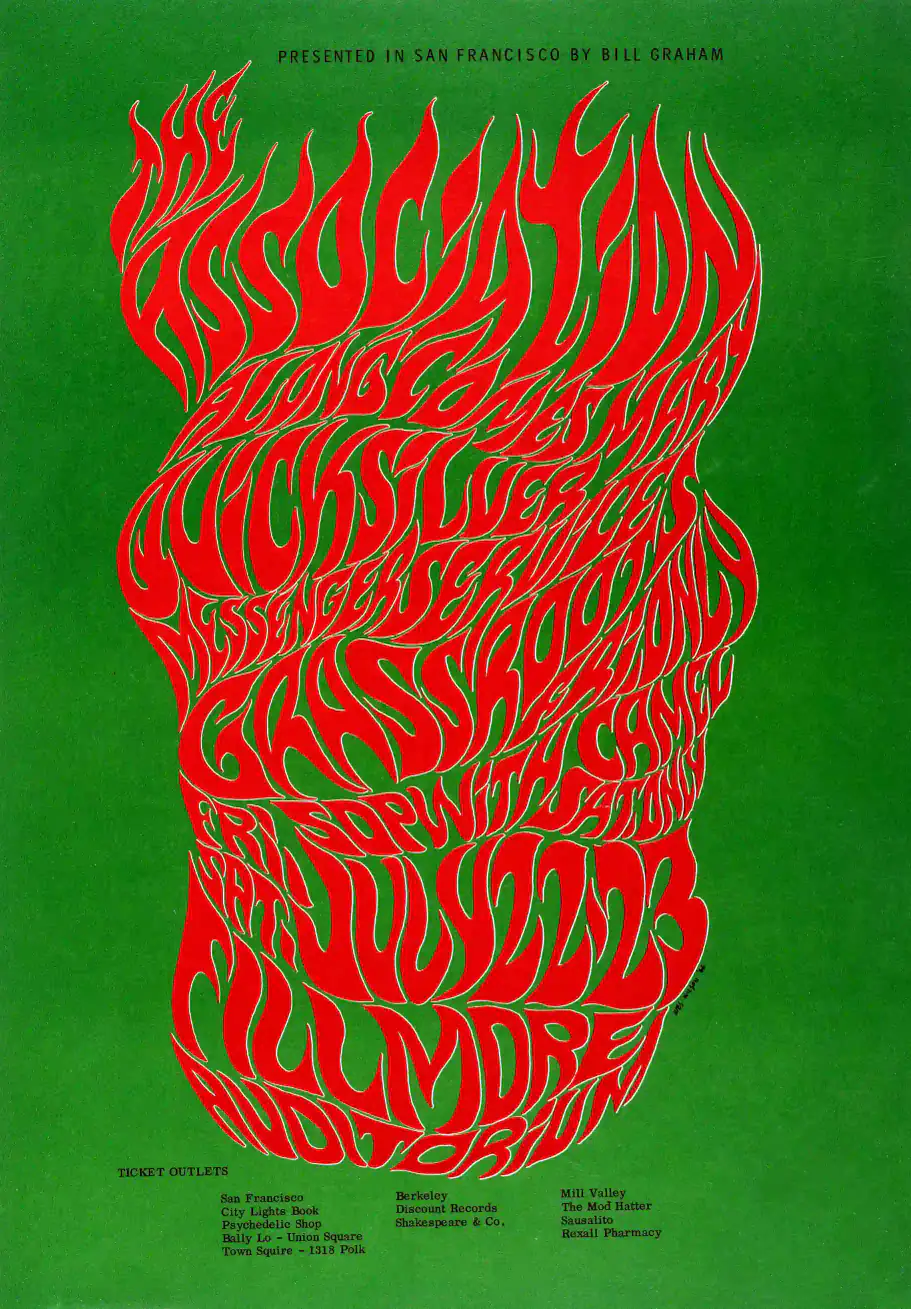 The Association 1966 Fillmore Auditorium Concert Poster featuring deep green, orange, and red vertical artwork.