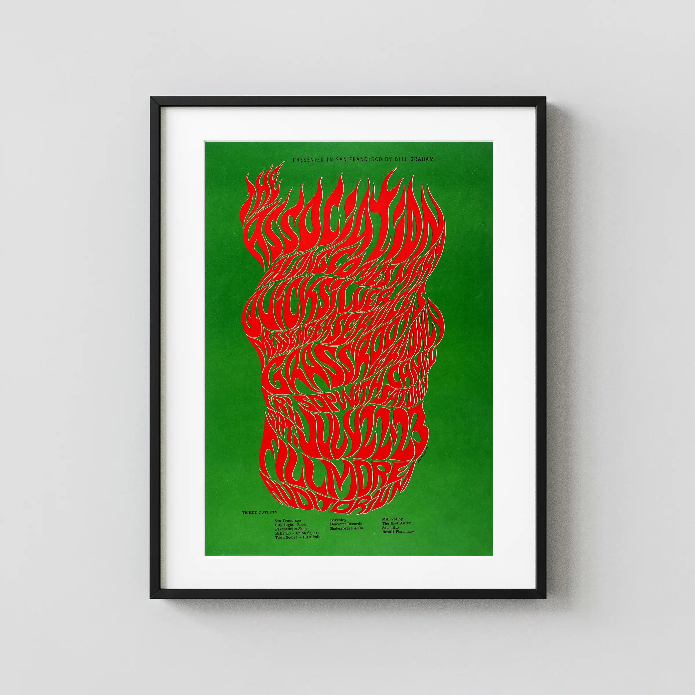 The Association 1966 Fillmore Auditorium Concert Poster featuring deep green, orange, and red vertical artwork.