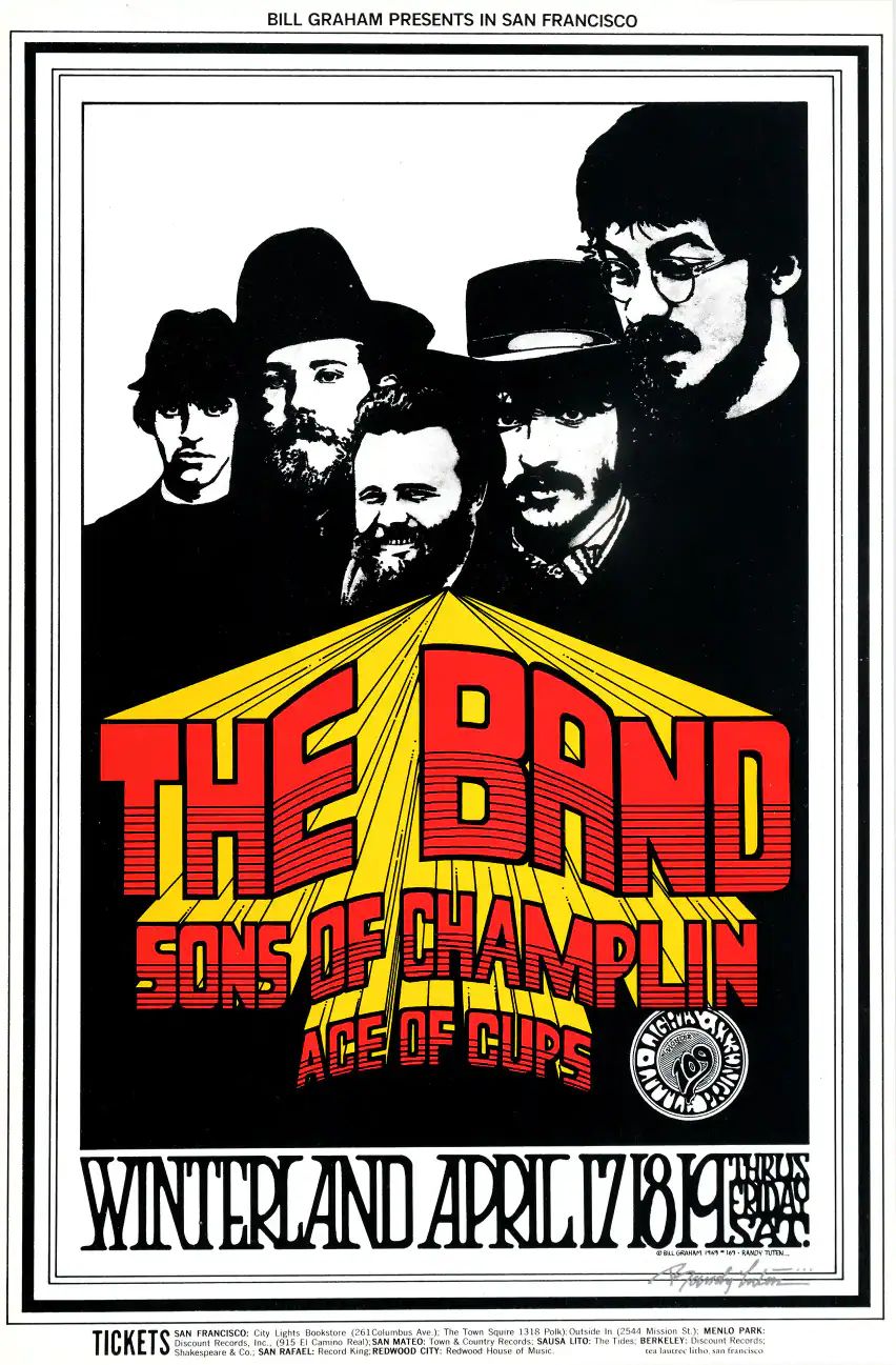 The Band 1969 Winterland Concert Poster featuring white, black, and gray vertical artwork.