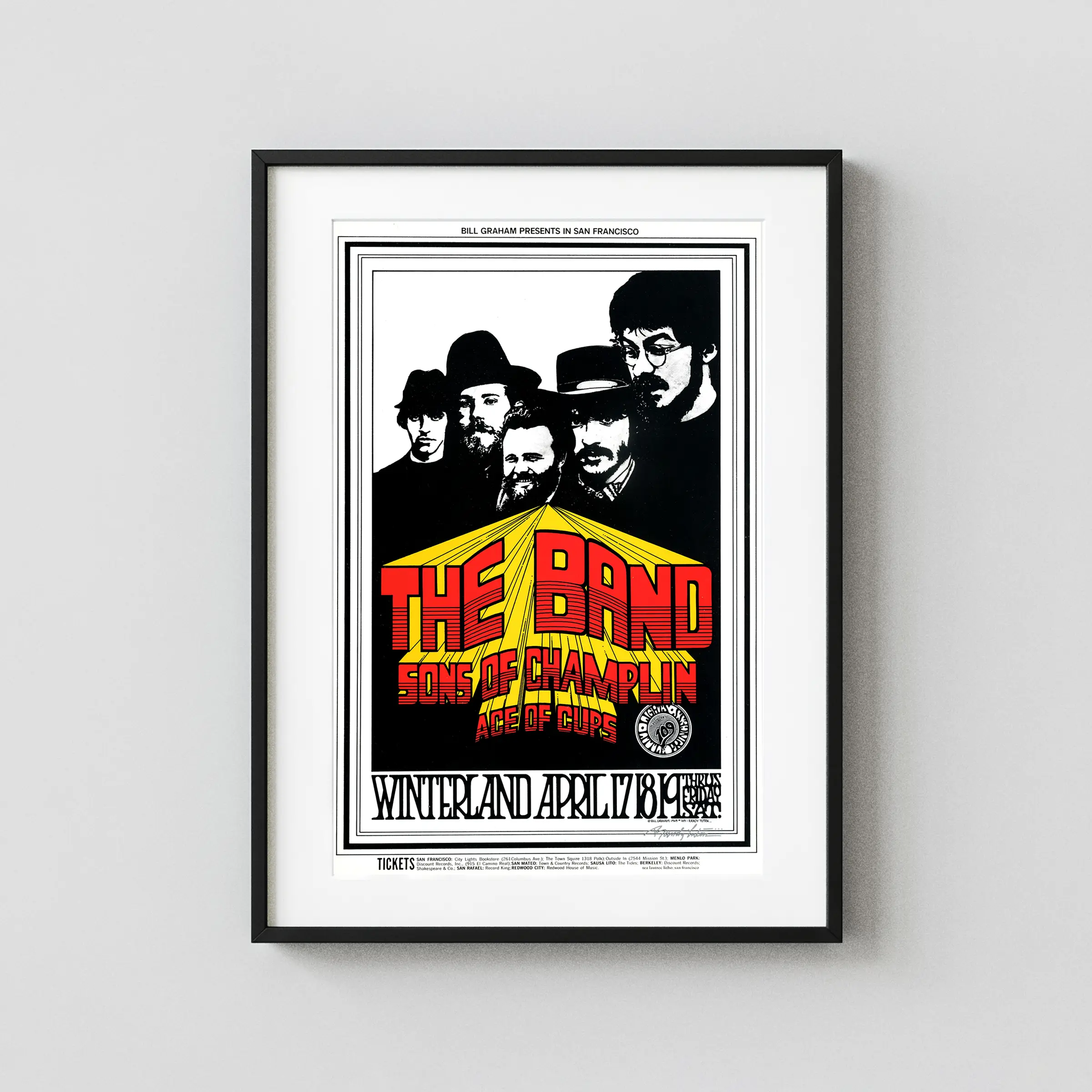 The Band 1969 Winterland Concert Poster featuring white, black, and gray vertical artwork.