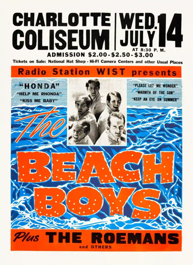 The Beach Boys 1965 Charlotte, NC Globe Concert Poster featuring white, orange, and light gray vertical artwork.
