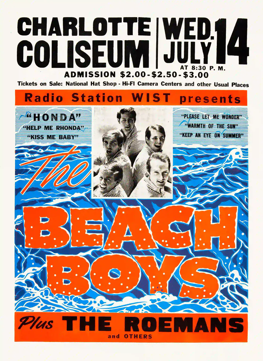 The Beach Boys 1965 Charlotte, NC Globe Concert Poster featuring white, orange, and light gray vertical artwork.