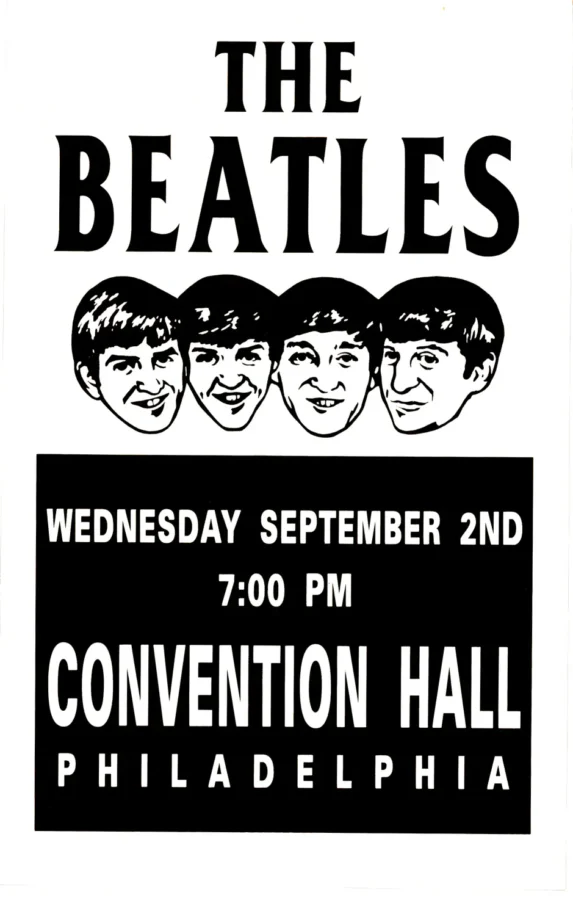 The Beatles 1964 Philadelphia, PA Concert Poster featuring white, black, and gray vertical artwork.