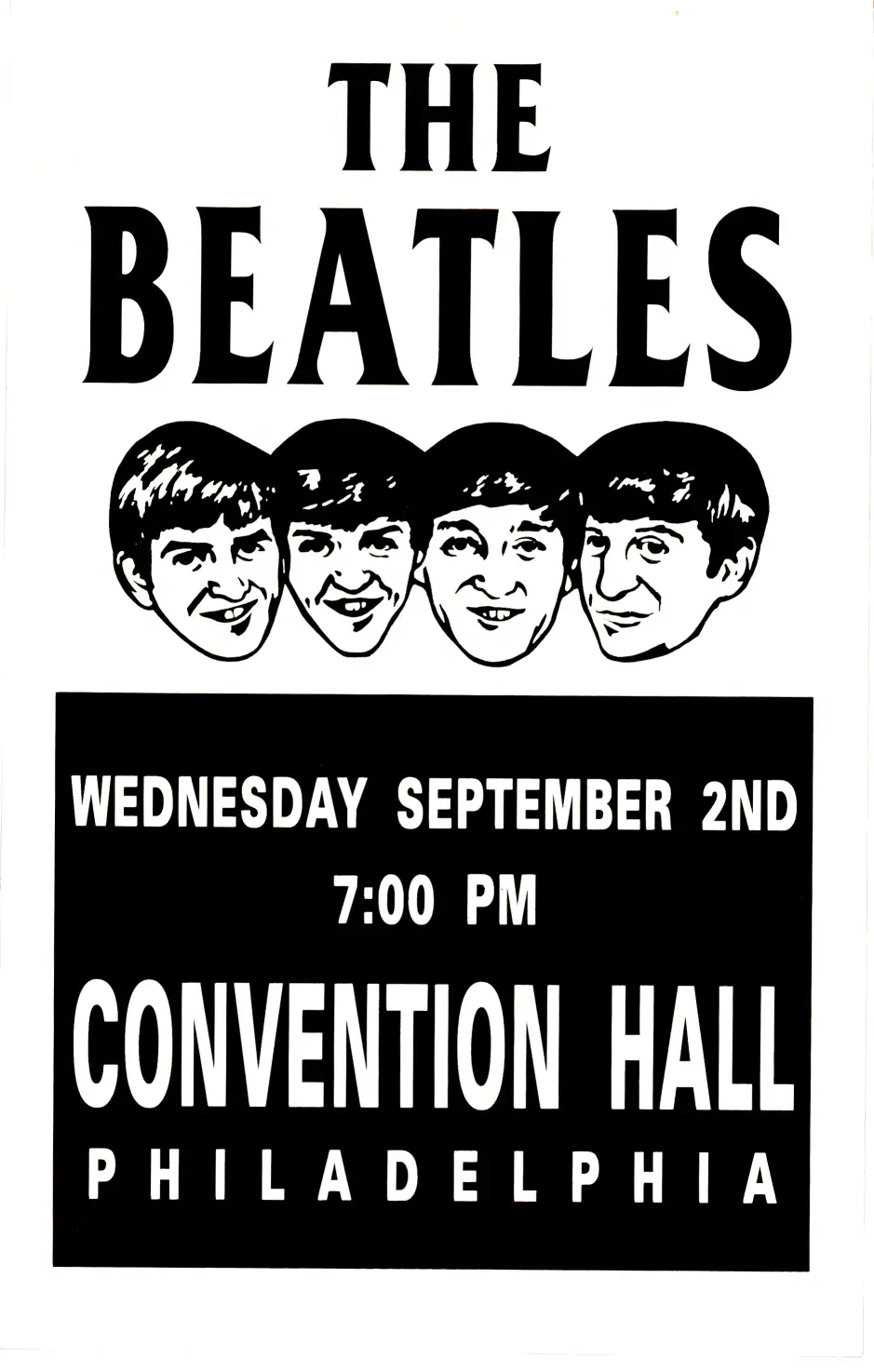 The Beatles 1964 Philadelphia, PA Concert Poster featuring white, black, and gray vertical artwork.