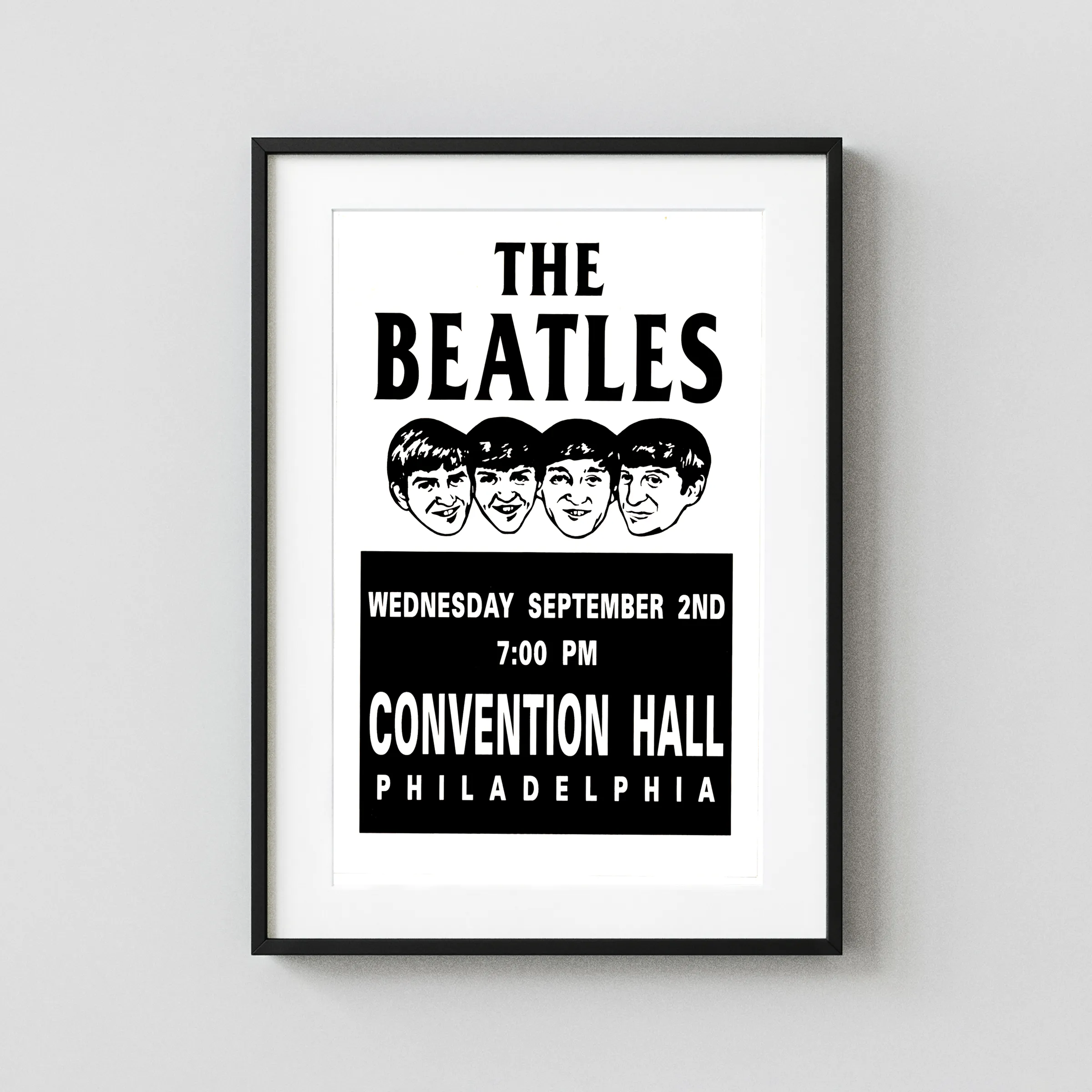 The Beatles 1964 Philadelphia, PA Concert Poster featuring white, black, and gray vertical artwork.