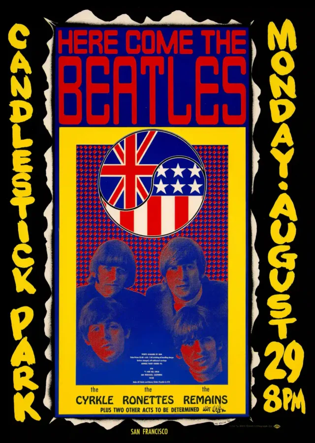The Beatles 1966 Candlestick Park Final Show Poster featuring black, yellow, and white vertical artwork.