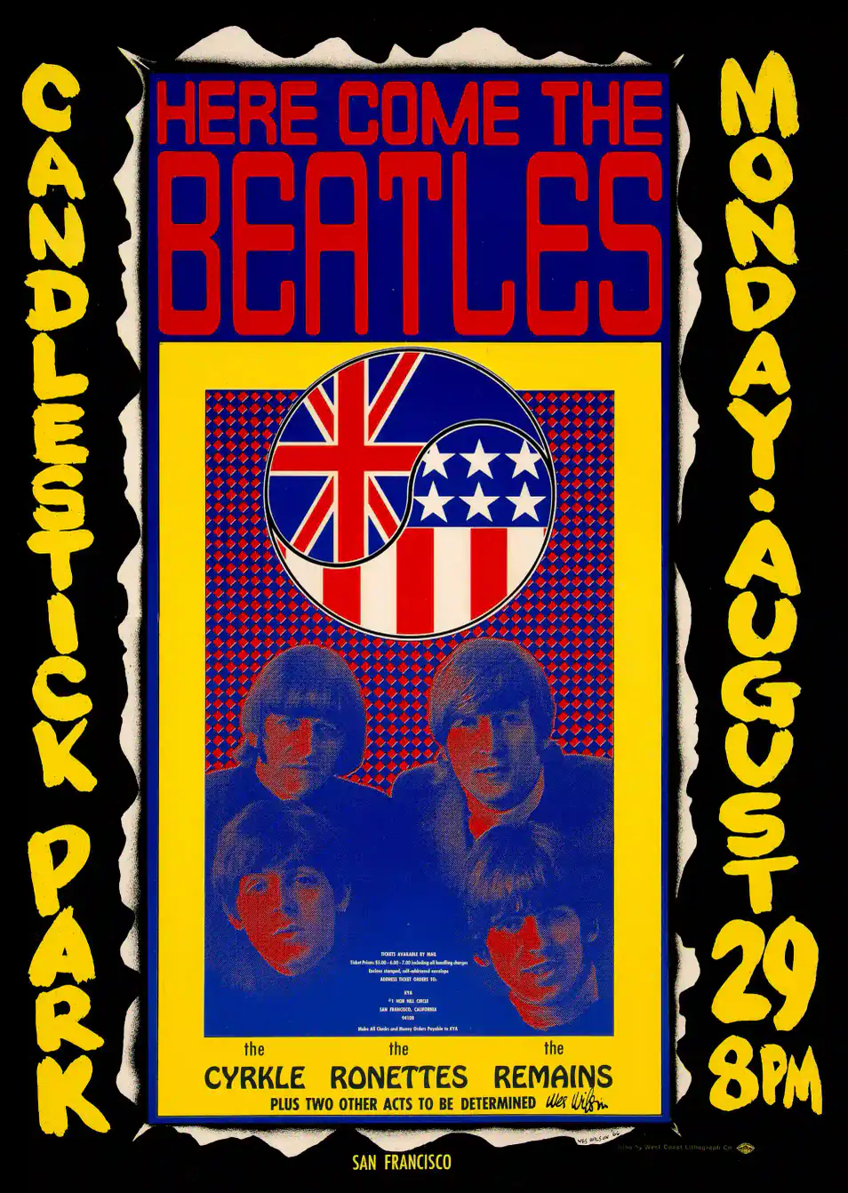 The Beatles 1966 Candlestick Park Final Show Poster featuring black, yellow, and white vertical artwork.