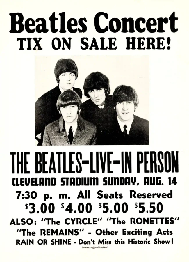 The Beatles 1966 Cleveland, Ohio Final-Tour Concert Poster featuring white, slate gray, and light gray vertical artwork.