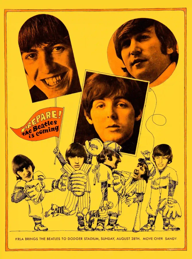 The Beatles 1966 Dodger Stadium Concert Poster featuring yellow, black, and white vertical artwork.