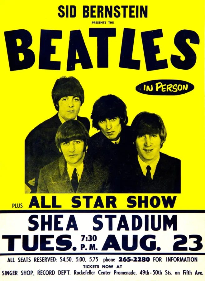 The Beatles 1966 Shea Stadium NY Concert Poster featuring yellow, white, and black vertical artwork.