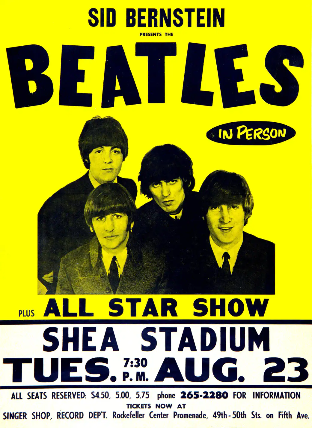 The Beatles 1966 Shea Stadium NY Concert Poster featuring yellow, white, and black vertical artwork.